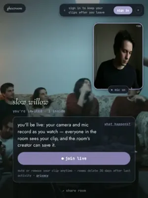 The GhostRoom welcome gate: the video behind, your own camera tile, and one line explaining that your camera records while you watch.