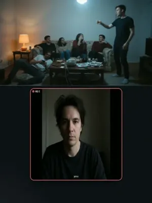 Inside a GhostRoom: the video playing with face tiles around it.